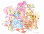  apple applejack_(mlp) basket beverage blonde_hair blue_body blue_eyes bread colored_pencil_(artwork) container cup cupcake eating eating_food equid equine female feral fluttershy_(mlp) food friendship_is_magic fruit green_eyes group hair hasbro honey_(food) horse mammal multicolored_hair my_little_pony night_milk_(artist) open_mouth open_smile orange_body pancake_(food) picnic picnic_basket picnic_blanket pink_body pink_eyes pink_hair pinkie_pie_(mlp) plant pony rainbow_dash_(mlp) rainbow_hair sandwich_(food) smile tea tea_cup teal_eyes toast traditional_media_(artwork) yellow_body 