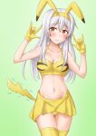  1girl anti_(untea9) bangs blush breasts cleavage closed_mouth collarbone cosplay cowboy_shot gloves groin hair_between_eyes highres kantai_collection long_hair navel pikachu pikachu_(cosplay) pokemon shoukaku_(kancolle) skirt solo tail thighhighs white_hair yellow_eyes yellow_gloves yellow_skirt yellow_thighhighs 