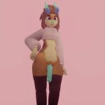  anthro bottomless clothed clothing genitals girly goofp hi_res kahvi_(coffeesoda) legwear male penis solo stockings sweater topwear 