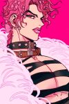  1boy clothing_cutout collar commentary dio_brando earrings feather_boa hair_ornament highres jewelry jojo_no_kimyou_na_bouken large_pectorals long_hair male_focus muscular muscular_male parted_lips pectorals pink_background pink_hair pink_lips pink_theme shenshan_laolin simple_background solo spiked_collar spikes symbol-only_commentary upper_body 