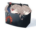  3girls bow brown_hair chibi clone closed_eyes commentary_request crate fingerless_gloves girls&#039;_frontline gloves hair_bow in_container long_hair morisenn multiple_girls one_eye_closed red_eyes red_gloves simple_background sp9_(girls&#039;_frontline) white_background 