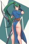  1girl absurdres ass ass_focus bangs bare_legs bow_(weapon) earrings feet_out_of_frame fingerless_gloves fire_emblem fire_emblem:_the_blazing_blade gloves green_eyes green_hair high_ponytail highres holding holding_weapon jewelry legs long_hair lyn_(fire_emblem) ponytail raichiyo33 scabbard sheath side_slit simple_background solo thighs very_long_hair weapon 