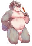  absurd_res anthro asian_clothing barely_visible_genitalia barely_visible_penis bawp belly biceps canid canine canis clothing dango domestic_dog east_asian_clothing eating fundoshi fur genitals grey_body grey_fur hi_res japanese_clothing lifewonders male mammal musclegut navel nipples pecs penis scar shino_(housamo) simple_background solo tokyo_afterschool_summoners translucent translucent_clothing underwear white_background 
