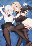  2girls arm_up armpits bed_sheet black_choker blonde_hair blue_background blue_eyes blush bow bowtie braid breasts brown_thighhighs choker cleavage commentary_request fang_qiao feet fine_fabric_emphasis foot_out_of_frame grey_hair gusset hair_intakes hair_ornament hairclip highres large_breasts legs lying miniskirt multiple_girls no_shoes on_back on_side open_mouth original panties panties_under_pantyhose pantyhose pink_eyes red_bow red_bowtie shirt shrug_(clothing) skirt sleeveless sleeveless_shirt small_breasts soles teeth thighhighs thighs twintails underwear upper_teeth_only white_panties white_shirt zipper 