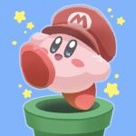  :d aruco_co blue_background blue_eyes blue_outline blush blush_stickers commentary_request full_body hat highres kirby kirby_(series) looking_at_viewer mario_(series) no_humans open_mouth outline partial_commentary red_headwear simple_background smile solo star_(symbol) warp_pipe 