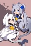  2girls :d absurdres bangs black_vest blue_eyes blue_flower blue_rose blunt_ends blush braid cape closed_mouth collared_shirt epaulettes flower frilled_sleeves frills from_behind fur-trimmed_cape fur-trimmed_sleeves fur_trim grey_eyes grey_fur grey_hair hair_between_eyes hair_flower hair_ornament heart high_collar highres izumi_kanagi long_sleeves looking_at_viewer lying magia_record:_mahou_shoujo_madoka_magica_gaiden magical_girl mahou_shoujo_madoka_magica moldy_edge multiple_girls neck_flower no_headwear no_nose open_mouth ponytail rose shirt short_hair short_sleeves side_braid sidelocks smile swept_bangs taur vest white_cape white_fur white_hair white_shirt yakumo_mitama 