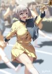  1girl :d arm_up blurry blurry_background commentary_request grey_hair holding holding_instrument instrument jonsun looking_at_viewer open_mouth original riku_(jonsun) shirt short_hair skirt smile solo solo_focus trumpet twitter_username walking yellow_shirt yellow_skirt 