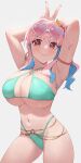  1girl arms_up bangs bikini blue_hair breasts cleavage closed_mouth criss-cross_halter earrings fingernails flower gomashiwo_o green_bikini grey_background groin hair_flower hair_intakes hair_ornament halterneck heart heart-shaped_eyewear highres hoop_earrings hozuki_kaede huge_breasts jewelry light_blue_hair lips long_fingernails looking_at_viewer multicolored_hair nail_polish navel onii-chan_wa_oshimai! pink-tinted_eyewear pink_hair red_eyes red_nails side_ponytail simple_background smile solo stomach swimsuit thighs tinted_eyewear two-tone_hair v v-shaped_eyebrows v_over_head white-framed_eyewear 
