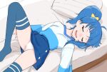  1girl blue_hair blue_shirt blue_skirt blue_thighhighs bow commentary_request drooling hair_bow highres hirogaru_sky!_precure kikurage_(crayon_arts) long_sleeves open_mouth panties pillow ponytail precure shirt short_hair skirt sleeping solo sora_harewataru thighhighs two-tone_shirt underwear white_panties white_shirt yellow_bow 