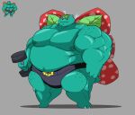  3_toes 4_fingers anthro belly big_belly big_muscles big_nipples big_pecs black_clothing black_underwear clothing feet fingers gamingmarko generation_1_pokemon green_body green_nipples grey_background hi_res holding_dumbbell huge_muscles looking_down_at_self male musclegut muscular muscular_anthro muscular_male navel nintendo nipples overweight overweight_anthro overweight_male pecs pokemon pokemon_(species) question_mark red_eyes shadow simple_background solo toes underwear venusaur 