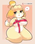  &lt;3 3_fingers absurd_res accessory animal_crossing anthro areola areola_slip bell big_breasts black_nose blonde_hair blush bow_(feature) bow_accessory bow_ribbon breasts canid canine canis cleavage clothed clothing digital_media_(artwork) domestic_dog eyelashes feet female fingers fur gift gift_wrapped hair hair_accessory hair_bell half-closed_eyes hand_on_butt hi_res isabelle_(animal_crossing) kneeling looking_back mammal narrowed_eyes nintendo nipple_outline onigiri_punch open_mouth open_smile ribbons seductive shih_tzu simple_background sitting skimpy smile solo speech_bubble tail teeth thick_thighs toes tongue toy_dog under_boob wide_hips yellow_body yellow_fur 