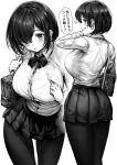 1girl absurdres airpods bag blush bow bowtie bra_visible_through_clothes breasts collared_shirt commentary_request cowboy_shot earbuds earphones from_behind gibagiba greyscale hair_over_one_eye highres large_breasts looking_at_viewer monochrome multiple_views original pantyhose pleated_skirt school_bag school_uniform shirt short_hair skirt translation_request uniform white_background wireless_earphones 