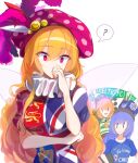  3girls ? alternate_breast_size alternate_costume alternate_hair_color ball blonde_hair blue_hair blue_shirt celtic_fc chelsea_fc clownpiece fairy_wings green_scarf hand_on_own_chin hat hat_feather hecatia_lapislazuli highres jester_cap junko_(touhou) kaliningradg long_hair multiple_girls neck_ruff orange_hair phoenix_crown pink_eyes polos_crown scarf shirt soccer soccer_ball soccer_uniform spoken_question_mark sportswear touhou union_jack united_kingdom very_long_hair wavy_hair wings 