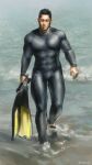  1boy alternate_costume bara beach beard black_bodysuit black_hair bodysuit bulge buzz_cut chest_hair covered_abs diving_mask diving_suit facial_hair full_body goggles golden_kamuy hairy large_pectorals male_focus mature_male muscular muscular_male nopinzo pectorals short_hair sideburns solo tanigaki_genjirou thick_eyebrows thighs very_short_hair water wet_suit 