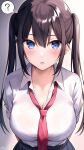  1girl ? arms_behind_back blush breasts brown_hair cleavage commentary_request hair_between_eyes highres large_breasts long_hair necktie open_mouth original ramchi red_necktie shirt signature spoken_question_mark twintails white_shirt 