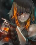  1girl alcohol bare_shoulders black_gloves black_shirt braid brown_eyes brown_hair commentary cup eyepatch fingerless_gloves girls&#039;_frontline glass gloves hair_over_shoulder holding holding_cup jacket long_hair looking_at_viewer m16a1_(girls&#039;_frontline) mole mole_under_eye multicolored_hair off_shoulder orange_hair scar scar_on_face shirt smile solo streaked_hair tank_top upper_body visqi whiskey 