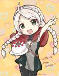  1girl ahoge airisuotog bangs braid breasts buttons cake capelet fire_emblem fire_emblem_fates food hairband heart highres holding holding_cake holding_food hood hood_down hooded_capelet low_twin_braids medium_breasts nina_(fire_emblem) o-ring parted_bangs red_capelet solo strawberry_shortcake twin_braids v white_hairband 