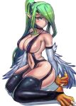  1girl bare_shoulders black_thighhighs breasts circlet claws cleavage duel_monster feathered_wings feathers green_hair hair_over_one_eye harpie_queen harpy highres large_breasts long_hair looking_at_viewer monster_girl navel orange_eyes pointy_ears ponytail revealing_clothes simple_background solo stirrup_legwear thighhighs toeless_legwear very_long_hair white_background winged_arms wings ytrall yu-gi-oh! 
