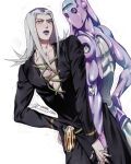  1boy 1other brown_eyes commentary_request frown grey_hair hand_on_hip holding_hands interlocked_fingers jojo_no_kimyou_na_bouken korean_commentary leone_abbacchio long_hair male_focus mm_jjba moody_blues_(stand) pectorals signature stand_(jojo) vento_aureo 