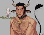  1boy 1other animal_ears artist_self-insert bara beard bell black_hair blush buzz_cut chest_hair cow_boy cow_ears cow_horns cow_tail cowbell drooling eating faceless facial_hair golden_kamuy grass hairy horns kemonomimi_mode large_pectorals male_focus mature_male muscular muscular_male nipples nude pectorals pyszvly short_hair solo_focus tail tail_raised tanigaki_genjirou thick_eyebrows very_short_hair 