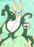  anthro beverage big_breasts blue_eyes breasts cleavage clothed clothing coffee coffee_cup container cup female generation_5_pokemon half-closed_eyes hi_res holding_container holding_cup holding_object huge_breasts june_greenfield lewdchuu_(artist) narrowed_eyes nintendo nipple_outline open_mouth pokemon pokemon_(species) serperior solo thick_thighs white_body wide_hips 