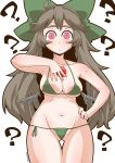  1girl ? bangs bikini bird_wings black_wings blush_stickers bow breasts brown_eyes brown_hair cleavage closed_mouth commentary frown green_bikini green_bow groin hair_bow halterneck hand_on_hip hand_on_own_chest large_breasts long_hair looking_at_viewer low_wings micro_bikini navel reiuji_utsuho side-tie_bikini_bottom simple_background solo standing swimsuit thigh_gap third_eye touhou twitter_username white_background wings zannen_na_hito 