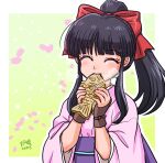  1girl artist_name black_hair bow brown_gloves closed_eyes eating fingerless_gloves food gloves hair_bow japanese_clothes kimono long_hair pink_kimono ponytail red_bow roba_takahiro sakura_taisen shinguuji_sakura solo taiyaki wagashi 