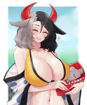  1girl animal_ears animal_print bare_shoulders black_hair blush breasts cleavage closed_eyes cow_ears cow_girl cow_horns cow_print cow_tail crop_top frills grey_hair haori heart highres horns huge_breasts japanese_clothes multicolored_hair navel off_shoulder red_horns saturnate492 short_hair smile statue tail touhou upper_body ushizaki_urumi 