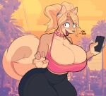  2020 anthro big_breasts black_nose bottomwear breasts canid canine canis cellphone cleavage clothed clothing collar colored curled_tail digital_drawing_(artwork) digital_media_(artwork) domestic_dog female hair holding_object holding_phone huge_breasts mammal minami_(remanedur) pants phone photo_background photography_(artwork) ponytail remanedur shiba_inu smartphone solo spitz thick_thighs topwear wide_hips yoga_pants 