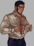  1boy abs bara bare_pectorals beard black_hair buzz_cut chest_hair collared_shirt cowboy_hat facial_hair golden_kamuy hairy hat highres large_pectorals looking_at_viewer male_focus mature_male midriff_peek muscular muscular_male navel_hair nipples open_clothes open_shirt pectorals pyszvly shirt short_hair shy sideburns sketch solo tanigaki_genjirou thick_eyebrows undressing very_short_hair 