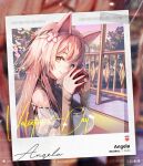  1girl angela_(girls&#039;_frontline_nc) animal_ears artist_request box breasts cat_ears character_name copyright_name dress fake_animal_ears gift gift_box girls&#039;_frontline girls&#039;_frontline_neural_cloud headband heart-shaped_box highres holding holding_gift large_breasts long_hair looking_at_viewer official_art orange_eyes outdoors pink_hair pink_headband polaroid smile solo valentine 