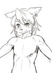  1boy animal_ears animal_nose bangs blush body_fur closed_mouth collarbone commentary_request completely_nude furry furry_male greyscale happy kame_(3t) light_blush looking_at_viewer male_focus monochrome nude original pectorals short_hair sidelocks simple_background sketch smile snout solo split_mouth standing upper_body white_background 