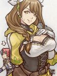  1boy 1girl alear_(fire_emblem) alear_(male)_(fire_emblem) arrow_(symbol) blue_hair braid breasts brown_hair cleavage commentary_request corset fire_emblem fire_emblem_engage gloves goldmary_(fire_emblem) grey_background hair_ribbon hand_on_own_chest large_breasts long_hair multicolored_hair partial_commentary red_hair ribbon shirt simple_background single_braid smile tanabanata two-tone_hair upper_body white_gloves white_ribbon white_shirt yellow_eyes |_| 