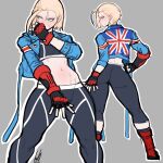  1girl ass babo bangs blonde_hair blue_eyes breasts cammy_white fingerless_gloves gloves jacket navel official_alternate_hair_length official_alternate_hairstyle pants scar short_hair skin_tight solo street_fighter street_fighter_6 thick_thighs thighs tight tight_pants union_jack 
