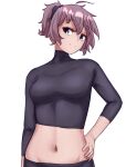 1girl absurdres alternate_costume aoba_(kancolle) black_scrunchie black_sweater blue_eyes hair_ornament hair_scrunchie hand_on_hip highres ikadamo kantai_collection looking_at_viewer messy_hair midriff navel ponytail purple_hair scrunchie simple_background smile solo sweater turtleneck turtleneck_sweater upper_body white_background 