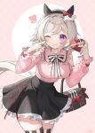  1girl ;) artist_name bag black_bow black_bowtie black_skirt black_thighhighs blush bow bowtie box coletta_(colet_colettia) commentary curren_chan_(umamusume) ear_bow ear_covers ear_ornament finger_to_cheek gift grey_hair handbag heart heart-shaped_box highres holding holding_box holding_gift horse_girl horse_tail jirai_kei long_shirt long_sleeves one_eye_closed pink_shirt purple_eyes red_bow shirt short_hair signature skirt smile solo striped striped_thighhighs tail thighhighs two-tone_bowtie two-tone_thighhighs umamusume valentine vertical-striped_thighhighs vertical_stripes 