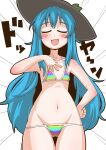  1girl bikini black_headwear blue_hair breasts closed_eyes commentary cowboy_shot doyagao facing_viewer groin hand_on_hip hand_on_own_chest hat hinanawi_tenshi long_hair lowleg lowleg_bikini multicolored_stripes navel open_mouth simple_background small_breasts smile smug solo standing string_bikini striped striped_bikini swimsuit thigh_gap tilted_headwear touhou translated twitter_username very_long_hair zannen_na_hito 