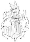  1girl :3 absurdres animal_ear_fluff animal_ears animal_nose bangs bare_shoulders barefoot blush body_fur breasts collarbone commentary_request double_fox_shadow_puppet fang fox_ears fox_girl fox_shadow_puppet fox_tail full_body furry furry_female greyscale hakama hakama_skirt hands_up happy heart highres japanese_clothes kame_(3t) kimono kyuubi leg_up light_blush long_hair long_sleeves looking_at_viewer medium_breasts monochrome multiple_tails off_shoulder open_mouth original ribbon-trimmed_sleeves ribbon_trim shirt sidelocks simple_background sketch skirt sleeveless sleeveless_shirt smile solo standing standing_on_one_leg swept_bangs tail white_background wide-eyed wide_sleeves 