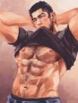  1boy abs arms_behind_head bara beard black_hair black_shirt blue_male_underwear blush bulge buzz_cut chest_hair clothes_in_mouth cowboy_hat facial_hair golden_kamuy hairy hat large_pectorals lifted_by_self looking_to_the_side male_focus male_underwear mature_male mouth_hold muscular muscular_male navel navel_hair nipples nopinzo painterly pectorals shirt shirt_in_mouth short_hair sketch solo stomach tanigaki_genjirou thick_eyebrows underpec underwear very_short_hair 
