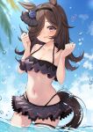  1girl absurdres beach black_hair blush breasts cleavage clenched_hands collarbone hair_ornament hair_over_one_eye haruki_(colorful_macaron) hat highres horse_girl long_hair navel ocean purple_eyes rice_shower_(umamusume) sky small_breasts solo swimsuit umamusume 