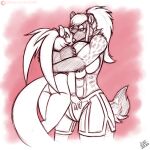  abs anthro big_breasts breasts canid clothed clothing digital_media_(artwork) drxii duo female female/female fur hair hi_res hyena kissing mammal muscular muscular_anthro muscular_female simple_background size_difference spotted_hyena topless wrestler 