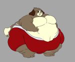  3_toes 4_fingers animal_crossing anthro belly big_belly big_butt bottomwear brown_body brown_fur butt canid canine canis clothing cream_belly digby_(animal_crossing) domestic_dog feet fingers fur gamingmarko grey_background hand_on_stomach hands_on_belly hi_res huge_butt hyper hyper_belly male mammal moobs morbidly_obese morbidly_obese_anthro morbidly_obese_male motion_lines navel nintendo obese obese_anthro obese_male open_mouth overweight overweight_anthro overweight_male pants pink_tongue red_bottomwear red_clothing red_pants shih_tzu simple_background solo standing thick_thighs toes tongue torn_bottomwear torn_clothing torn_pants toy_dog 