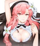  1girl bangs black_ribbon blurry blurry_background breasts cleavage earrings flower habit hair_flower hair_ornament inverted_cross_earrings jewelry large_breasts long_hair looking_at_viewer lying mole mole_on_breast neck_ribbon nini_yuuna nun on_back parted_lips red_eyes red_hair ribbon smile solo tsunderia upper_body virtual_youtuber white_flower yoru_(yowuyoru) 