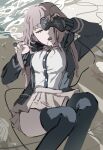  1girl bangs beach black_jacket black_thighhighs breasts brown_hair brown_skirt collared_shirt controller covering_one_eye danganronpa_(series) danganronpa_2:_goodbye_despair dress_shirt drooling feet_out_of_frame harari highres holding holding_controller holding_strap jacket large_breasts long_sleeves lying medium_hair miniskirt nanami_chiaki neck_ribbon no_hair_ornament on_back open_clothes open_jacket pleated_skirt red_ribbon ribbon shirt shirt_tucked_in skirt sleeping solo thighhighs two-tone_shirt water 