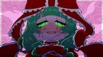  1girl @_@ bangs blush bound bound_wrists green_eyes grey_hair hair_ribbon hands_on_own_cheeks hands_on_own_face kagiyama_hina looking_at_viewer neosiromaruzmc one-hour_drawing_challenge open_mouth red_ribbon ribbon solo touhou yandere_trance 