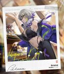  1girl armpits artist_request bare_shoulders black_pants breasts character_name copyright_name cowboy_shot girls&#039;_frontline girls&#039;_frontline_neural_cloud glass grey_hair groove_(girls&#039;_frontline_nc) hand_on_hip highleg highleg_panties highres indoors jacket large_breasts looking_at_viewer multicolored_hair nail_polish navel navel_piercing off_shoulder official_art panties pants piercing polaroid purple_nails scarf short_hair solo underwear valentine 