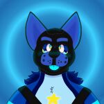  animal_mask anthro blue_body blue_fur blush domestic_cat felid feline felis front_view fur harness hi_res male mammal mask papsy_star pup_mask shape_shifter simple_background solo tongue tongue_out wearing_mask 