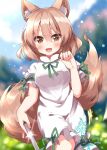  1girl :d animal_ear_fluff animal_ears bangs blurry blurry_background blush breasts brown_eyes day depth_of_field fox_ears fox_tail glint green_ribbon hair_between_eyes hand_up highres holding holding_test_tube kudamaki_tsukasa light_brown_hair light_particles looking_at_viewer medium_breasts neck_ribbon open_mouth outdoors puffy_short_sleeves puffy_sleeves ribbon ruu_(tksymkw) short_sleeves smile solo tail test_tube touhou white_romper 