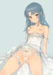 1girl absurdres alice_gear_aegis arm_support bare_shoulders blue_hair blush bow bow_panties branch_(blackrabbits) breasts clothes_down clothes_lift dress dress_lift feet_out_of_frame grey_eyes highres light_blue_background long_hair looking_at_viewer panties see-through_panties simple_background sitting sketch small_breasts solo takanashi_rei thigh_strap underwear white_dress white_panties 