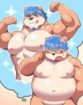  2023 absurd_res anthro belly big_belly blue_hair blush canid canine canis diru11 domestic_dog eyewear glasses hair hi_res humanoid_hands kemono male mammal moobs muscular muscular_male navel nipples overweight overweight_male solo tongue tongue_out 